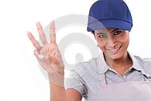 Confident female worker raising, pointing up 3 fingers gesture photo