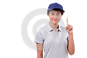 Confident female worker showing one finger gesture