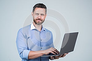 confident guy work online. agile business success. successful male realtor. broker with computer. confidence and success