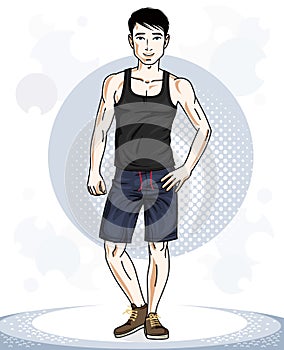 Confident handsome athletic brunet young sporty man standing. Vector illustration of male wearing sport clothes, sport style