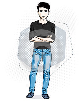 Confident handsome brunet young man standing. Vector illustration of male wearing casual clothes, jeans pants and T-shirt.