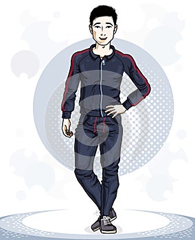 Confident handsome brunet young sporty man standing. Vector illustration of male wearing sport clothes, sport style.
