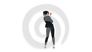 Confident and happy young businesswoman putting money in her pocket and dancing after this on white background.