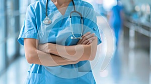 Confident Healthcare Professional in Hospital Corridor