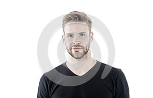 Confident in his perfectness. Man with bristle smiling face isolated white background. Male beauty concept. Man with