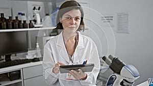 Confident hispanic scientist, smiling young adult woman using touchpad, enveloped in medical research at lab