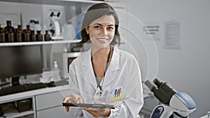 Confident hispanic scientist, smiling young adult woman using touchpad, enveloped in medical research at lab