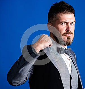 Confident and intelligence. businessman with beard in bow tie. esthete. stylish art director. business in modern life