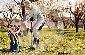 Confident kid helping his grandfather in the garden