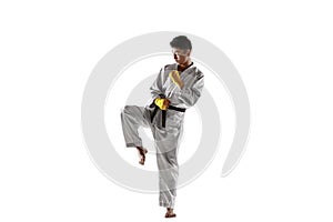 Confident korean man in kimono practicing hand-to-hand combat, martial arts