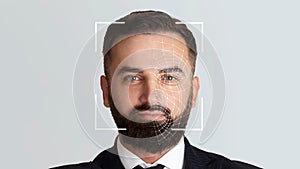 Confident male with beard, double exposure with authentication for unlocking, data protection