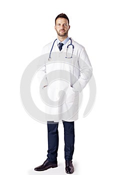 Confident male doctor portrait while standing at isolated white background