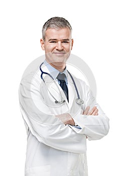 Confident male doctor in white lab coat