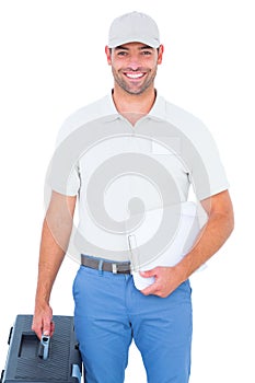 Confident male technician with toolbox and clipboard