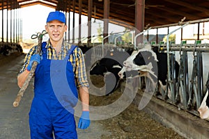 Confident man cow breeder standing in outdoor cowshed