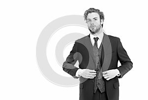 Fashion and beauty. Business and success. Businessman or ceo in black jacket. Man in formal outfit isolated on white