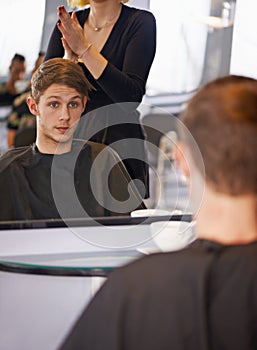 Confident, man and female hairdresser in salon for grooming, styling and haircut. Woman, beauty shop and male customer