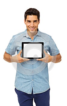 Confident Man Showing Digital Tablet