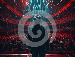 A confident man stands on a stage, addressing a diverse crowd of attentive listeners in an auditorium