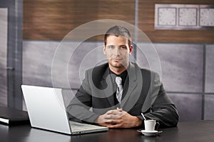 Confident manager sitting in fancy office smiling