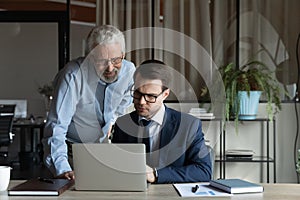 Confident mature businessman executive with colleague working on online project