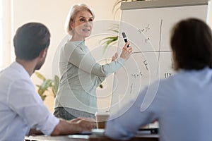 Confident mature businesswoman mentor give presentation training staff group