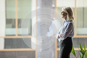 Confident mature businesswoman pondering strategy, standing near window