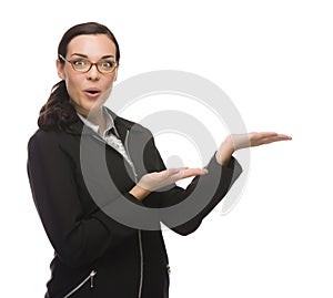 Confident Mixed Race Businesswoman Gesturing with Hand to the Si