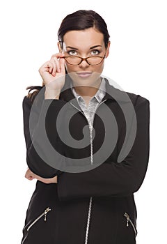 Confident Mixed Race Businesswoman Touching her Glasses