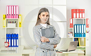 Confident office worker. secretary with document folder. formal fashion style. woman with makeup. sexy girl in jacket