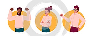 Confident People Isolated Round Icons or Avatars. Positive Successful Happy Male or Female Characters Show Thumb Up