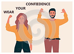 Confident people. Successful man and woman. Happy business workers with self-affirmative gestures. Confidence and