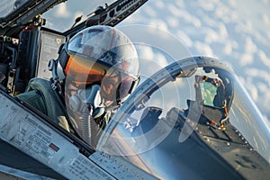 Confident pilot wearing helmet in a fighter jet cockpit during takeoff