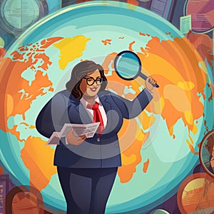 Confident plus-size business professional with globe and magnifying glass