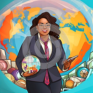 Confident plus-size business professional with globe and magnifying glass