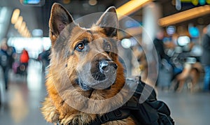 Confident police officer in uniform with a trained German Shepherd dog patrolling a busy airport terminal, ensuring public safety