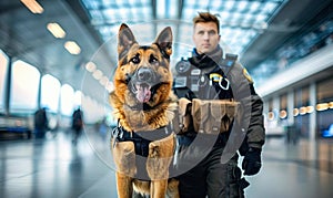 Confident police officer in uniform with a trained German Shepherd dog patrolling a busy airport terminal, ensuring public safety