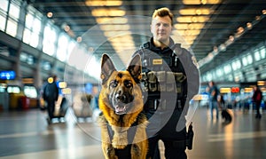 Confident police officer in uniform with a trained German Shepherd dog patrolling a busy airport terminal, ensuring public safety
