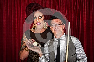 Confident Pool Player with Queen