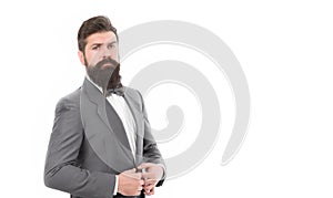 Confident posture. Businessman or host fashionable outfit isolated white. Man bearded hipster wear classic suit outfit
