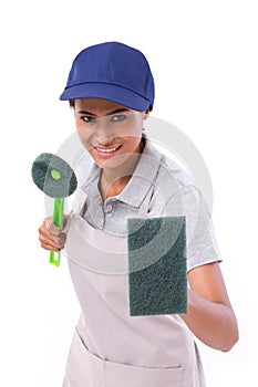 Confident, professional female cleaner ready for duty