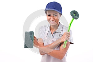 Confident, professional female cleaner ready for duty