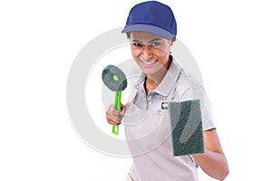 Confident, professional female cleaner ready for duty