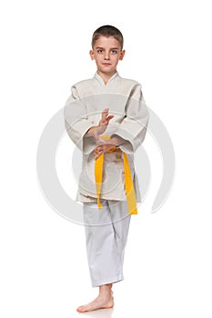 Confident serious boy in kimono