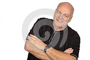 Confident Smiling 58-Year-Old White Male Portrait on White Background. Person tilts right.