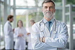 Confident smiling doctor posing in the hospital with medical team working on the background.