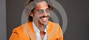 Confident spanish man exuding charm and charisma in stylish attire against vibrant studio backdrop