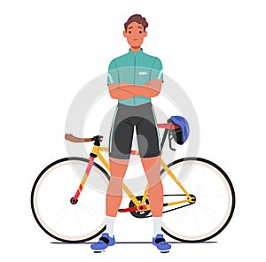 Confident Sportsman Cyclist Character Stands With Arms Crossed, Exuding Determination Beside His Sleek Bike