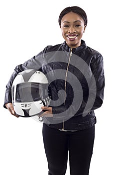 Black Female Racer or Biker or Stunt Woman Holding a Helmet photo