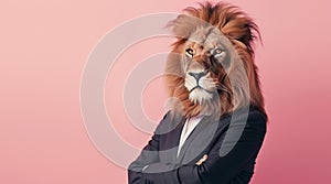 Confident stylish lion businessman in a suit on pink background, business, animal, creative concept
